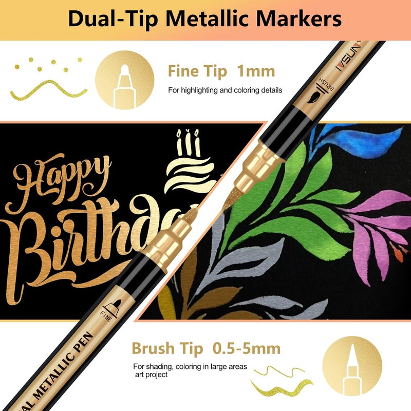 IVSUN Metallic Marker Pens, 12 Colors Dual Tip Acrylic Paint Pens for Black Paper, Scrapbooking, Photo Album, Rock Painting, Paint Marker for DIY Arts & Crafts, Glass, Wood, Card Making, Scrapbook Supplies - Image 2